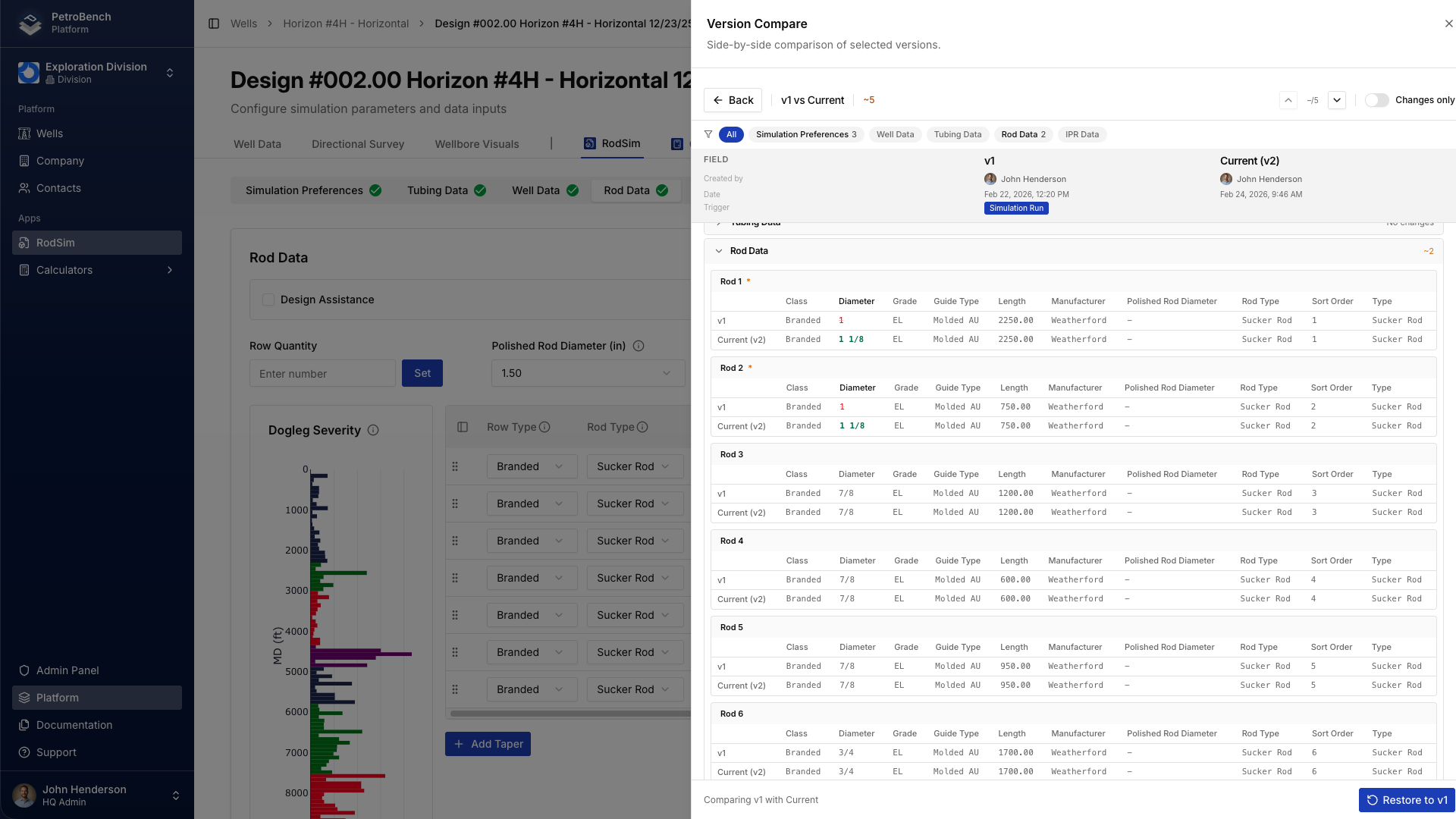 Side-by-side version diff with changes highlighted